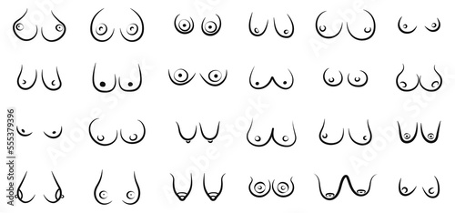 Female Breast Vector pattern in graphic style. Creative illustration. Sexy, erotical print wiht Female breast of different Types, Sizes and Forms on a white background.
