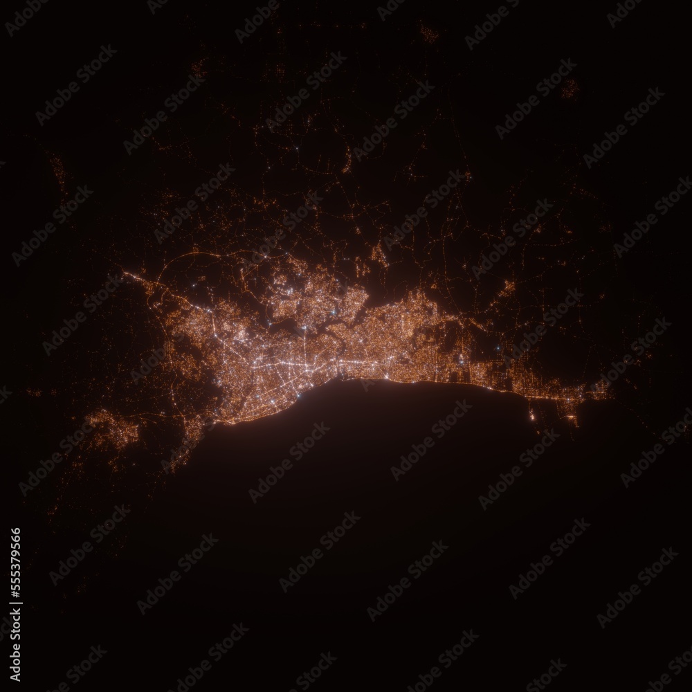 Santo Domingo street lights map. Satellite view on modern city at night. Imitation of aerial view on roads network from space. 3d render with glow effect