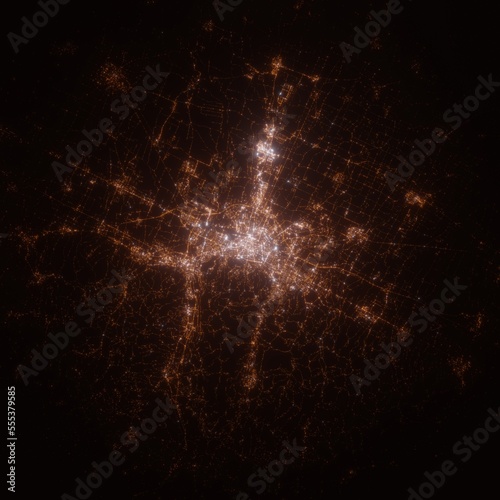 Bologna (Italy) street lights map. Satellite view on modern city at night. Imitation of aerial view on roads network. 3d render