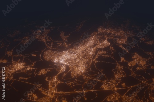 Aerial shot of Ufa  Russia  at night  view from south. Imitation of satellite view on modern city with street lights and glow effect. 3d render