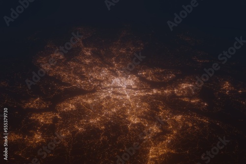Aerial shot of Stockholm (Sweden) at night, view from south. Imitation of satellite view on modern city with street lights and glow effect. 3d render