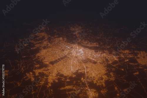 Aerial shot on Santa Cruz de la Sierra (Bolivia) at night, view from east. Imitation of satellite view on modern city with street lights and glow effect. 3d render