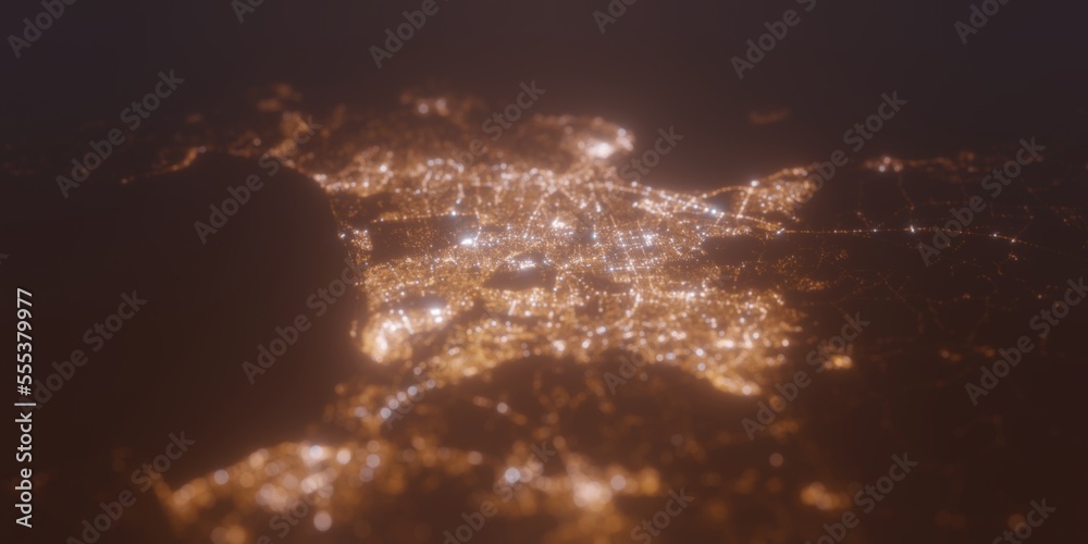 Fototapeta premium Street lights map of Cape Town (South Africa) with tilt-shift effect, view from east. Imitation of macro shot with blurred background. 3d render, selective focus