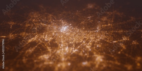 Street lights map of Turin (Italy) with tilt-shift effect, view from west. Imitation of macro shot with blurred background. 3d render, selective focus