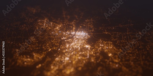 Street lights map of Little Rock (Arkansas, USA) with tilt-shift effect, view from west. Imitation of macro shot with blurred background. 3d render, selective focus