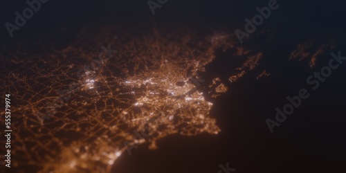Street lights map of Portland (Maine, USA) with tilt-shift effect, view from south. Imitation of macro shot with blurred background. 3d render, selective focus © Hairem