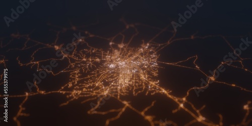 Street lights map of Yamoussoukro (Ivory Coast) with tilt-shift effect, view from south. Imitation of macro shot with blurred background. 3d render, selective focus