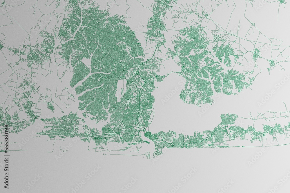 Map of the streets of Lagos (Nigeria) made with green lines on white paper. 3d render, illustration