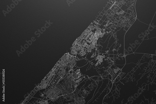 Street map of Rabat (Morocco) on black paper with light coming from top