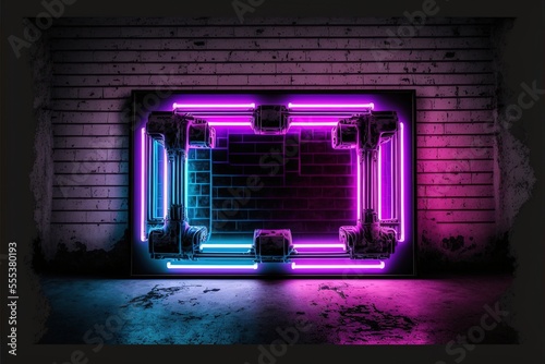 Dark night room with brick walls with neon illumination, metal pipes on the walls, a passageway, a tunnel in the wall. AI