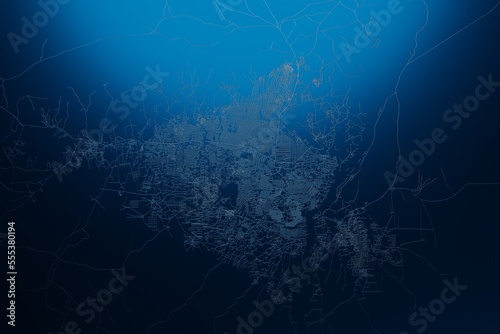 Street map of Juba (South Sudan) engraved on blue metal background. View with light coming from top. 3d render, illustration