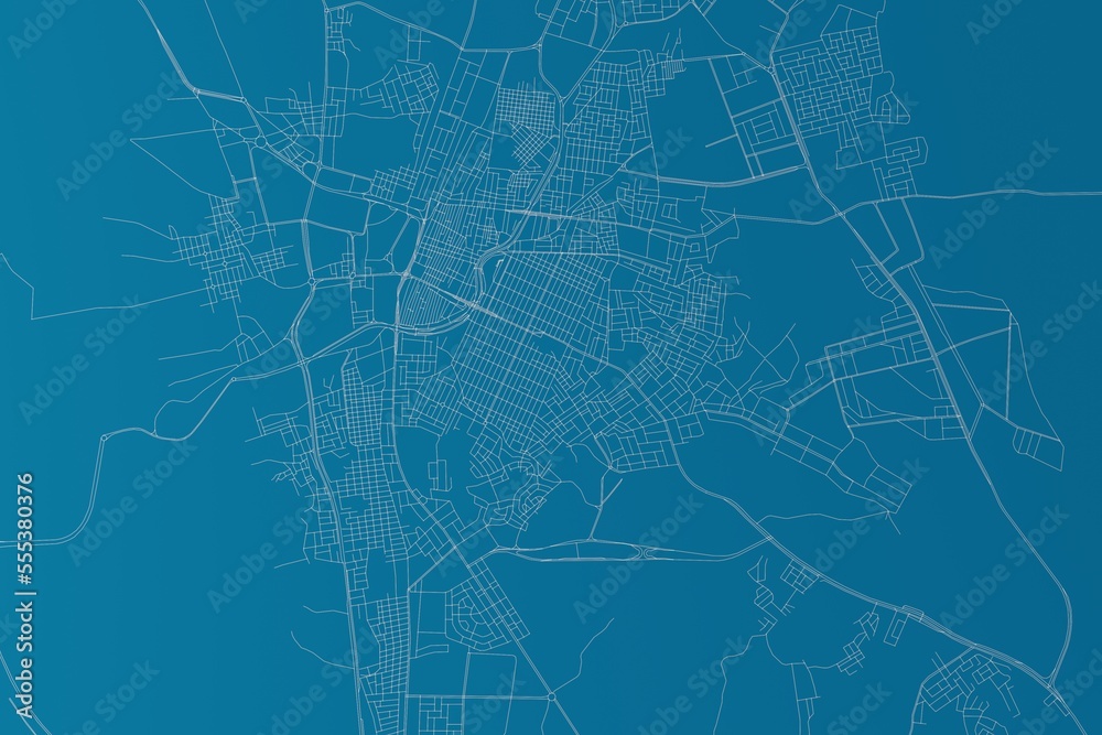 Map of the streets of Taif (Saudi Arabia) made with white lines on blue background. 3d render, illustration