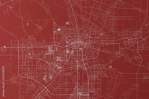 Map of the streets of Hefei (China) made with white lines on red background. Top view. 3d render, illustration