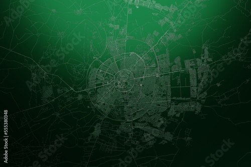 Street map of Erbil (Iraq) engraved on green metal background. Light is coming from top. 3d render, illustration