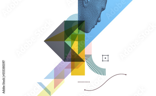 Art composition. Abstract transparency geometrical background. Digital human head constructing from cubes. Cover design template for presentation, banner, flyer, poster or brochure. 3D vector.