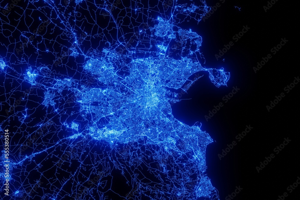 Street map of Dublin (Ireland) made with blue illumination and glow effect. Top view on roads network
