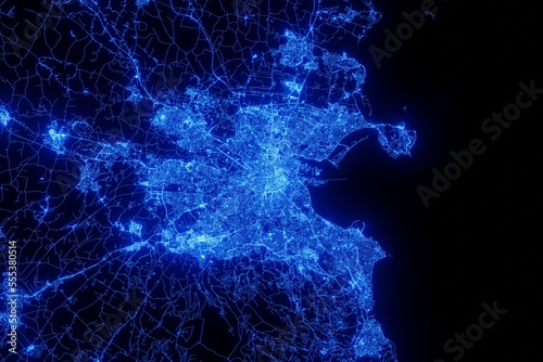 Photography Street map of Dublin (Ireland) made with blue illumination and glow effect