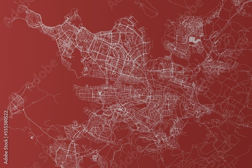 Map of the streets of Reykjavik  Iceland  made with white lines on red background. Top view. 3d render  illustration