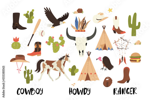 Hand drawn cute American Wild West symbols, isolated on white vector illustration in flat style with textured effect