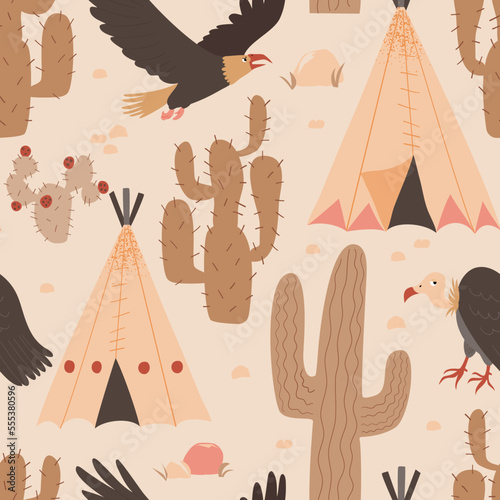 Hand drawn vector seamless pattern with wild west cactuses and wigwam houses