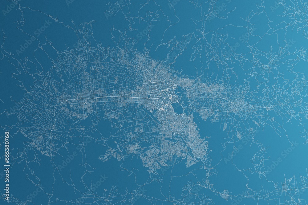 Map of the streets of Cochabamba (Bolivia) made with white lines on blue paper. Rough background. 3d render, illustration Map of the streets of Cochabamba (Bolivia) made with white lines on blue paper. Rough background. 3d render, illustration