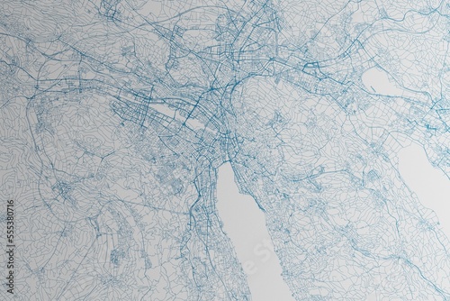 Map of the streets of Zurich (Switzerland) made with blue lines on white paper. 3d render, illustration