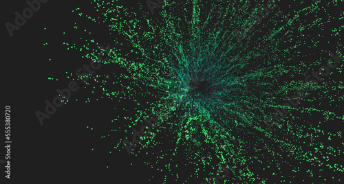 Point explode. Array with dynamic emitted particles. 3d technology style. Abstract background. Vector illustration.