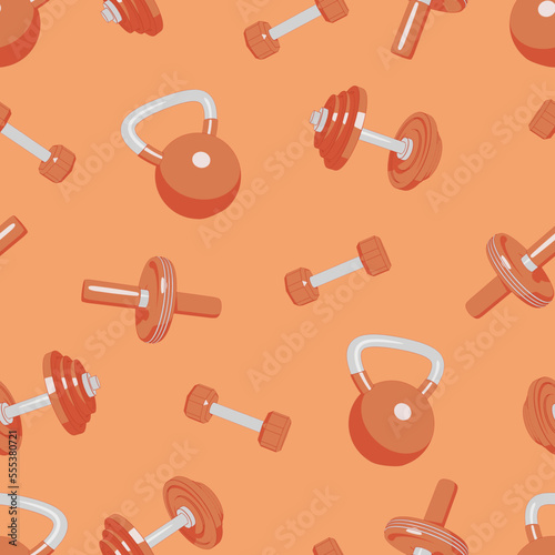 Fitness equipment seamless pattern with kettlebell, dumbbell and ab roller . Cartoon flat design for wallpapers, wrapping, textile prints, backgrounds.