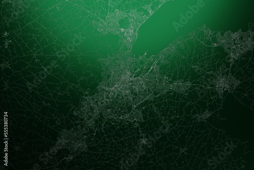 Street map of Belfast (UK) engraved on green metal background. Light is coming from top. 3d render, illustration