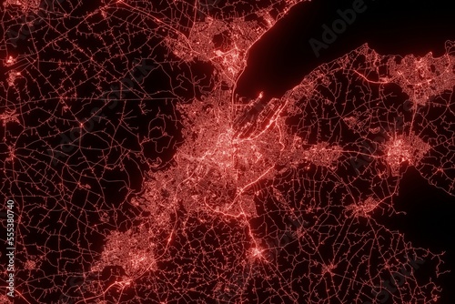 Street map of Belfast (UK) made with red illumination and glow effect. Top view on roads network. 3d render, illustration