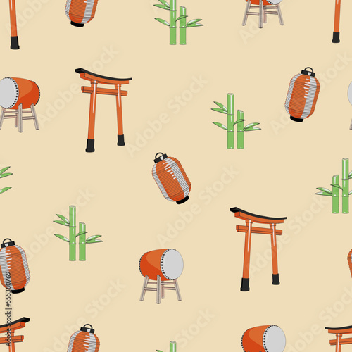 Japanese style seamless pattern with torii, bamboo taiko and lantern. Cartoon flat design for wallpapers, wrapping, textile prints, backgrounds.