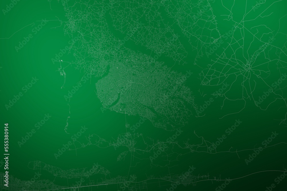 Map of the streets of Porto Novo (Benin) made with white lines on abstract green background lit by two lights. Top view. 3d render, illustration