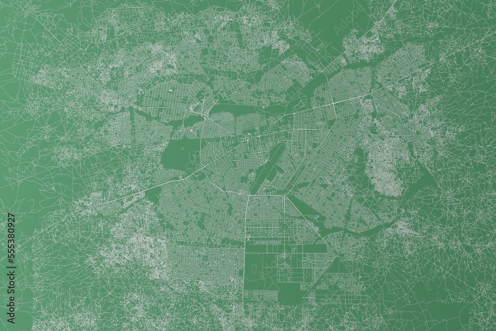 Stylized map of the streets of Ouagadougou (Burkina Faso) made with white lines on green background. Top view. 3d render, illustration