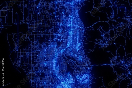 Street map of Ogden (Utah, USA) made with blue illumination and glow effect. Top view on roads network photo