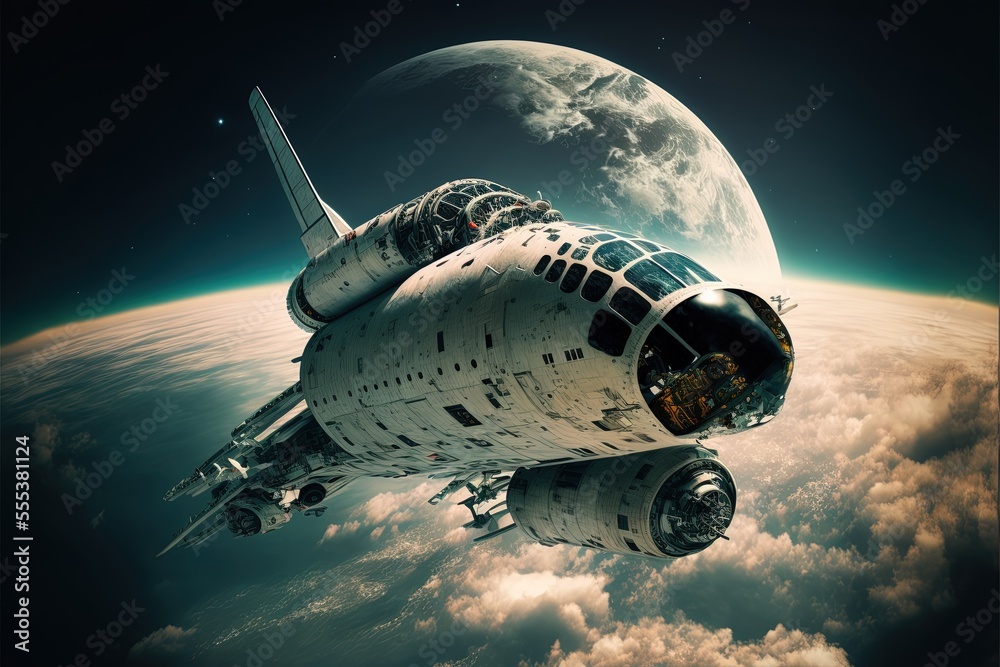 Naklejka premium Spaceship in space against the backdrop of planets, 3D graphic, AI Generative