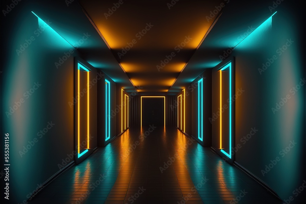 Fototapeta premium Abstract light tunnel, corridor with neon light. Hi-tech sci-fi passageway. Metallic light reflection. AI