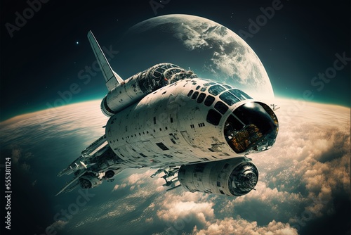 Spaceship in space against the backdrop of planets, 3D graphic, AI Generative