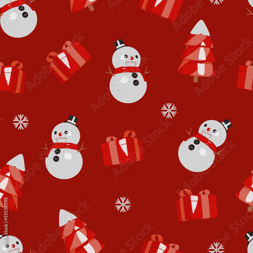 Winter holiday seamless pattern with snowman, gift, snowflake and tree. Cartoon flat design for wallpapers, wrapping, textile prints, backgrounds.
