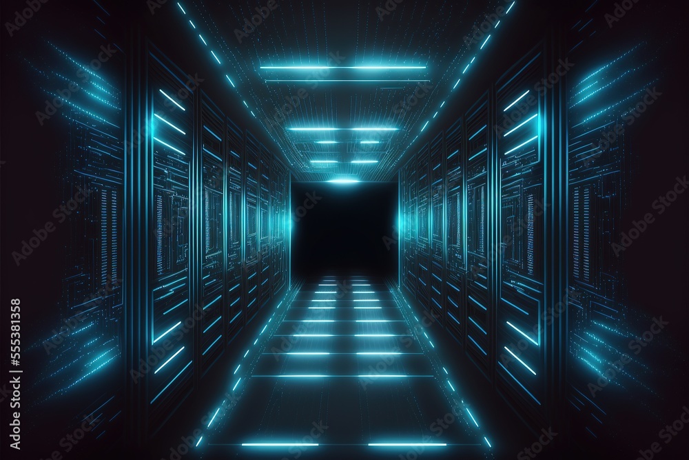 Fototapeta premium Abstract light tunnel, corridor with neon light. Hi-tech sci-fi passageway. Metallic light reflection. AI