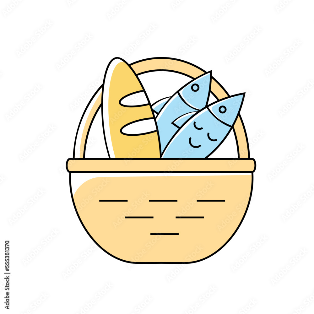 Bread and fish in a basket of yellow color icon. Crowd feeding. Holy ...