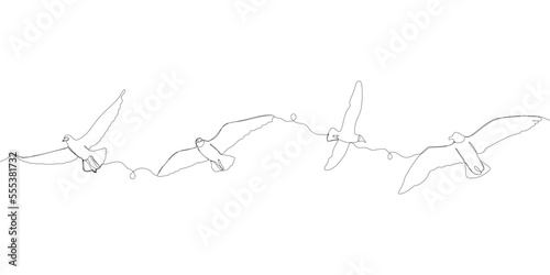 Seagull flies in the sky. Set of sea ocean elements. One continuous line . One continuous drawing line logo isolated minimal illustration