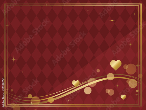 抽象的なラインにハートマークとダイヤ模様の背景　横位置　レッド＆ゴールド