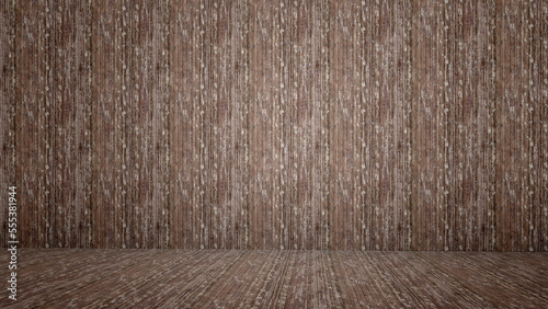 Fototapeta Naklejka Na Ścianę i Meble -  Conceptual vintage or grungy brown background of natural wood or wooden old texture floor and wall as a retro pattern layout. A 3d illustration metaphor to time, material, emptiness,  age or rust