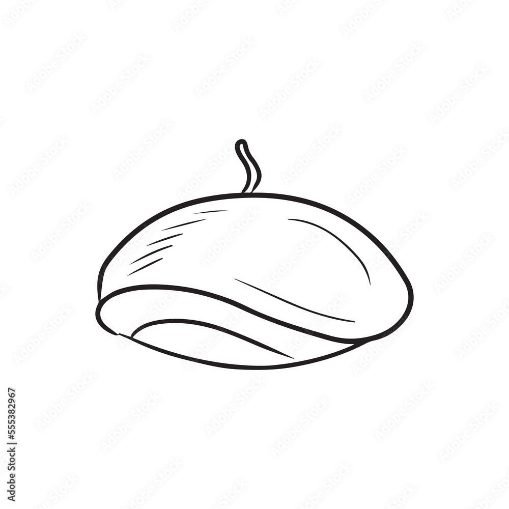Art hat beret drawing in black isolated on white background. Hand drawn
