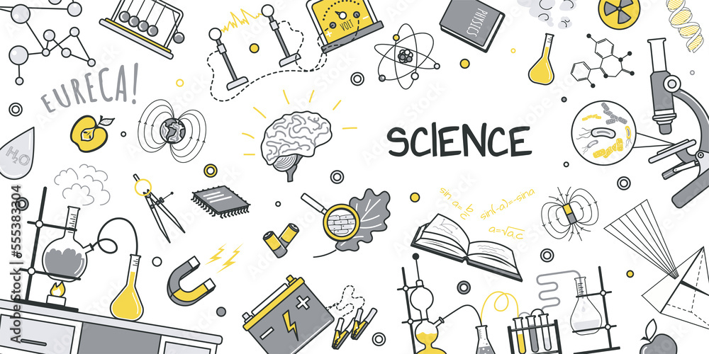 Science concept for banner design with flat line doodle pattern