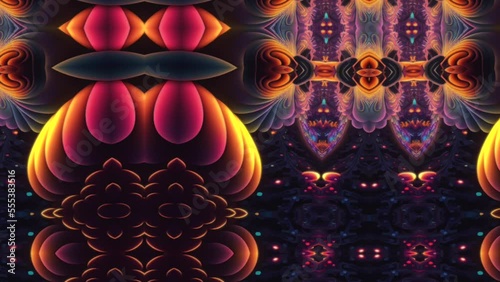 A DMT experience in a psychedelic environment with Kaleidoscope organic patten shapes morphing in a trippy landscape photo