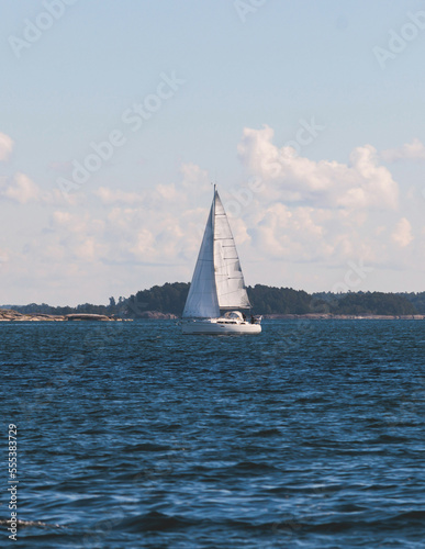 Archipelago National Park landscape, Southwest Finland, with islands, islets and skerries, Saaristomeren kansallispuisto, summer sunny day, view from shuttle ship ferry boat in the Archipelago Sea