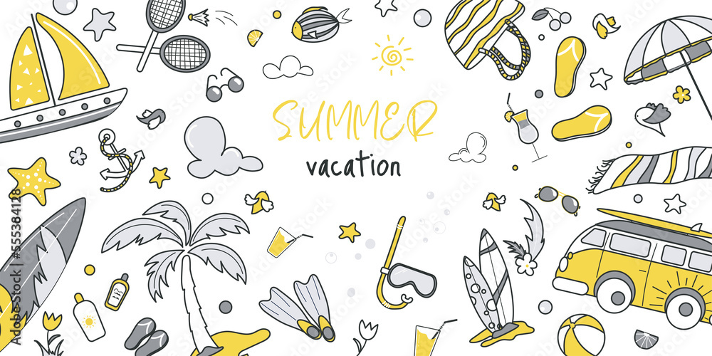 Summer vacation concept for banner design with flat line doodle pattern. Hand drawing texture with car, surfing, towel, umbrella, palm, slippers, cocktail and diving mask. Illustration for web