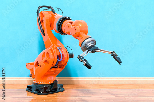 Robotic Arm in room near wall, 3D rendering photo