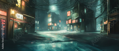 This painting depicts a dark, atmospheric street. The street is lit by a few dim streetlights, casting shadows and creating a sense of mystery. Generative AI
